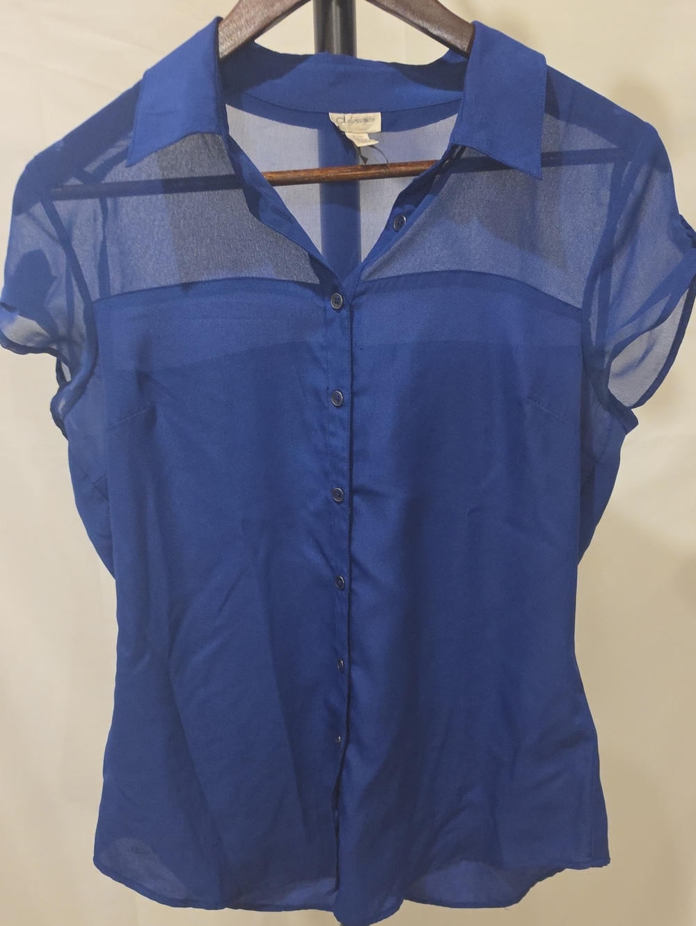 Dynamite Sheer Panel Button-Down Blouse - Cobalt Blue
